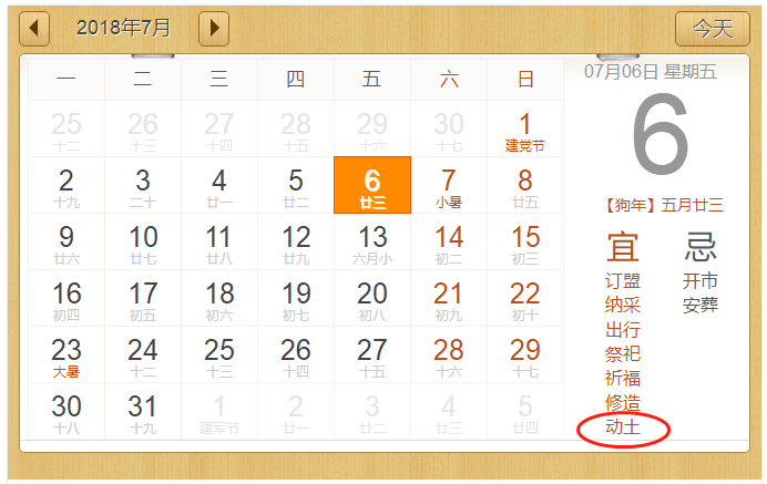 2018年7月6日黄历:农历五月廿三,宜动土